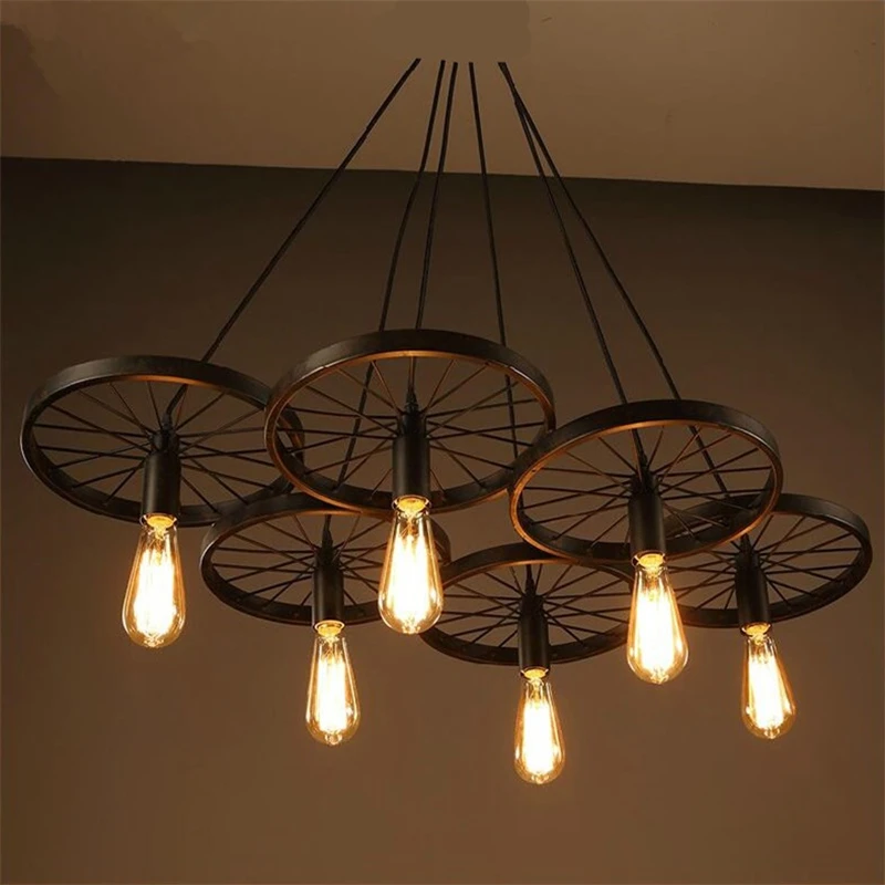 Wrought Iron Wheel Pendant Light Vintage Industrial Lighting Loft Lamp Bar American Country Style Design for Home PLL-726