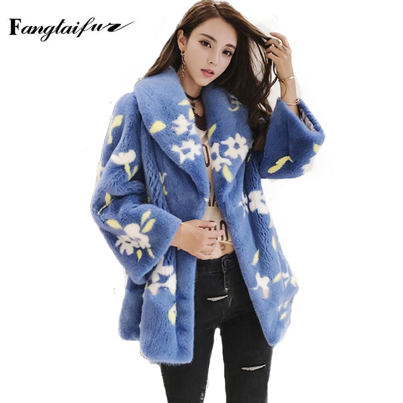 Ftangaiur New Import Velvet Mink Fur Coat Turn-Down Collar Print Flower Mink Coat Loss Women's Short Slim Real Mink Fur Coats