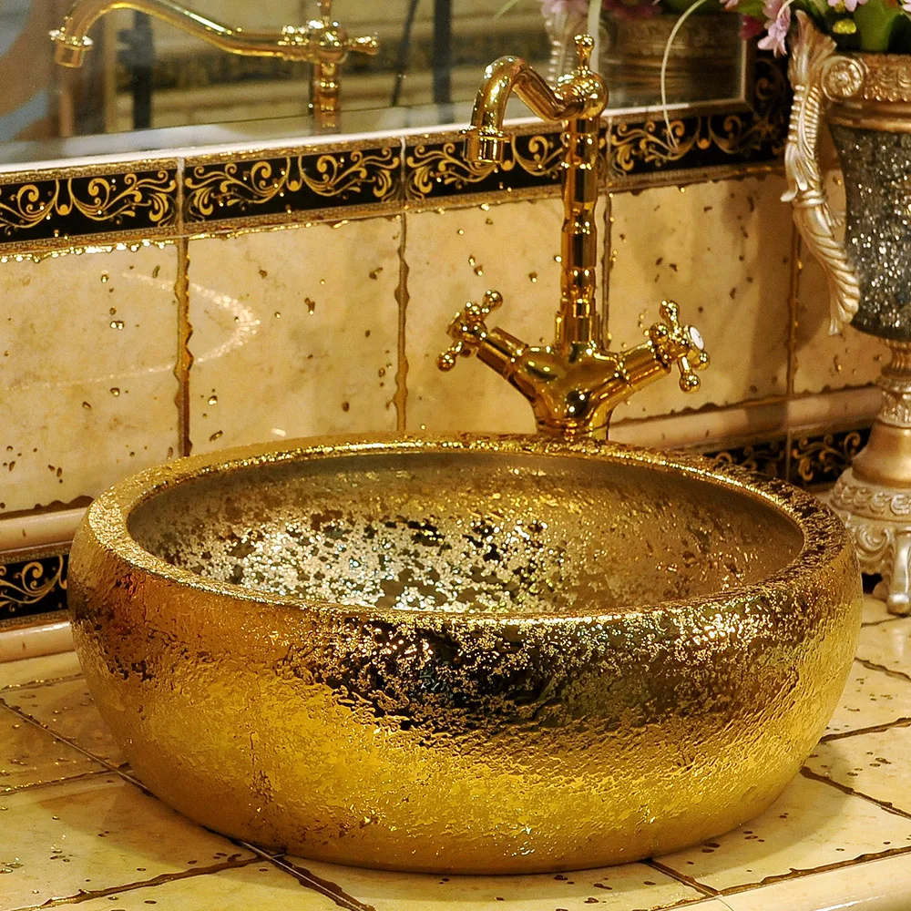 

Gold chinese Glazed Art Counter Top ceramic bathroom sinks wash basin porcelain vintage vanity sink