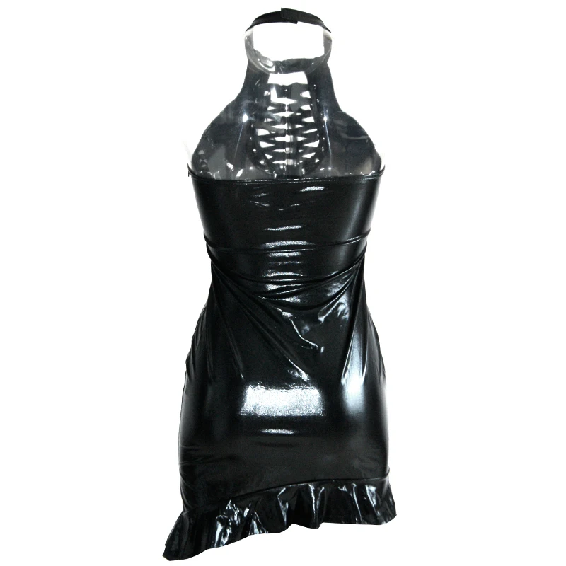 Traum Reben Wet Look Leder Mini Kleid Kostenloser versand Vinyl Sexy Schwarz Bodycon Rüsche Kleid Hohe Qualität Bodycon Kleider vestido