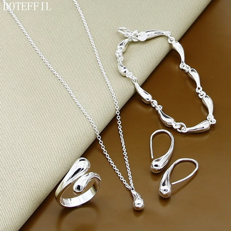 

DOTEFFIL 925 Sterling Silver 18 Inch Chain Water Drops Pendant Necklace Bracelet Earring Ring Set For Women Wedding Jewelry