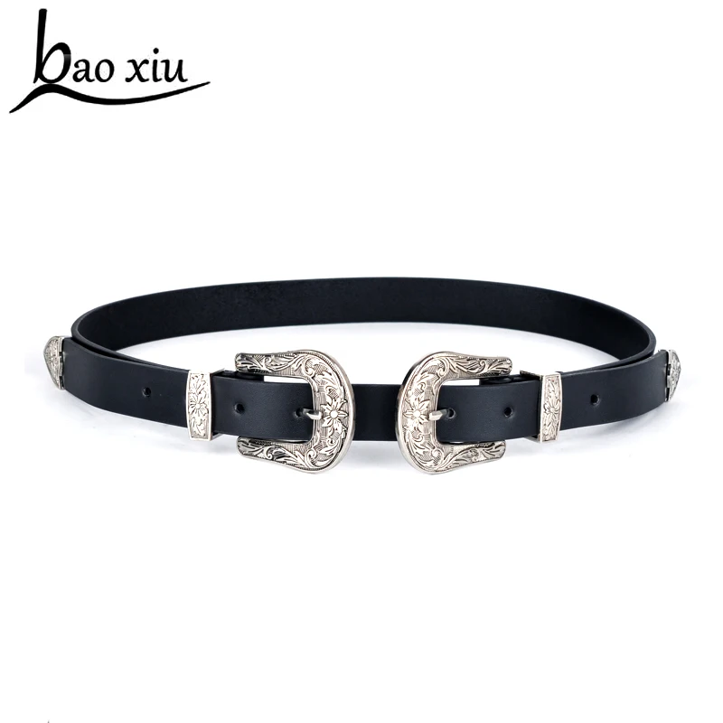 

baoxiu New Carved Double Metal Pin Buckle Belts Vintage High Quality Brand Designer Belt Jeans pu Leather Belt for Woman Strap