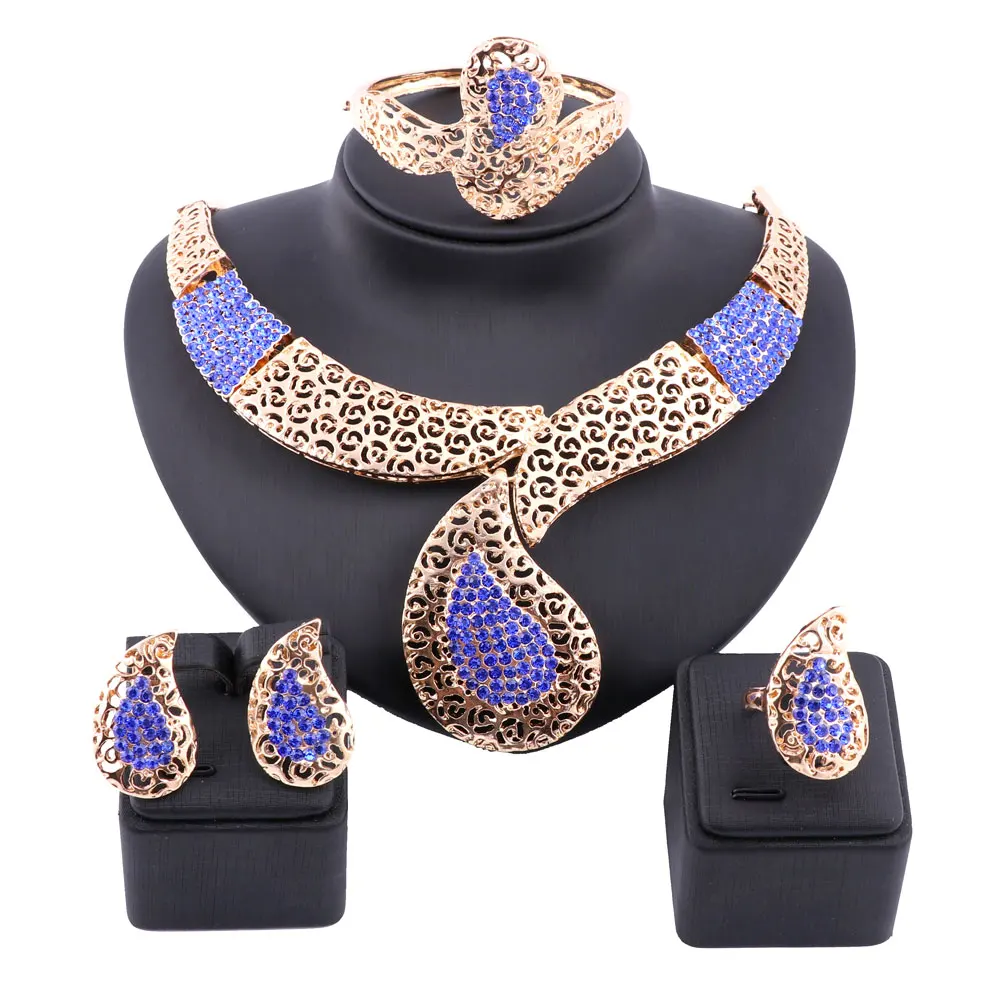 

Women Bridal Italian Gold Color Crystal Necklace Bangle Earring Ring Nigerian Wedding Party Jewelry Set