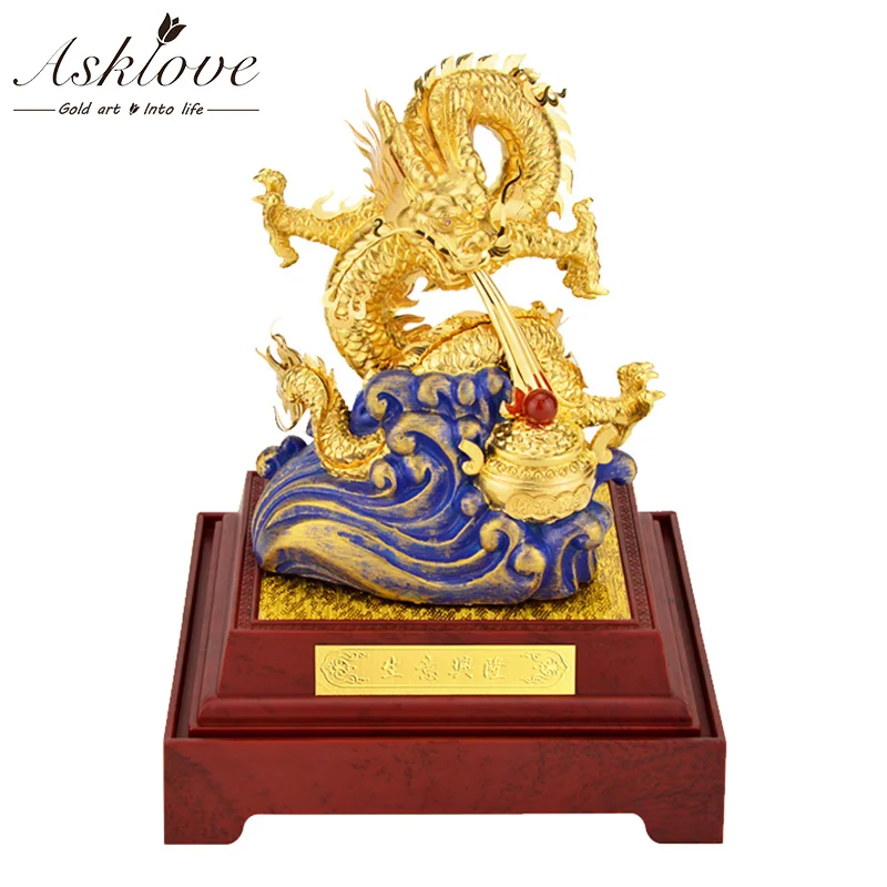 Fengshui Dragon 24k Gold Foil Chinese Geomancy Gold Dragon Figurine Statue Ornaments for Luck and Success Decoration Home Crafts