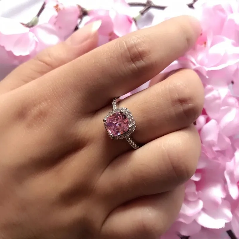 

Real 100% 925 Sterling Silver Wedding Rings for Women pink Princess-cut 5a CZ Engagement Ring Simulated Diamond Platinum Jewelry