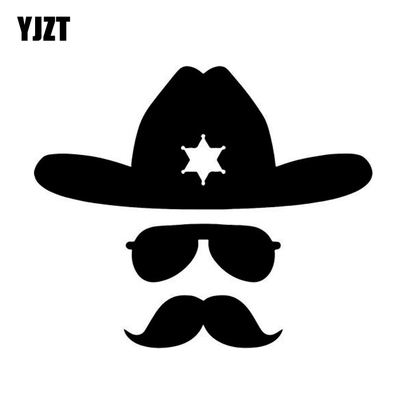 YJZT 13.9CM*11.6CM Sheriff Hat Mustache Fun Face Decor Car Sticker Vinyl Decal Black/Silver C3-0459