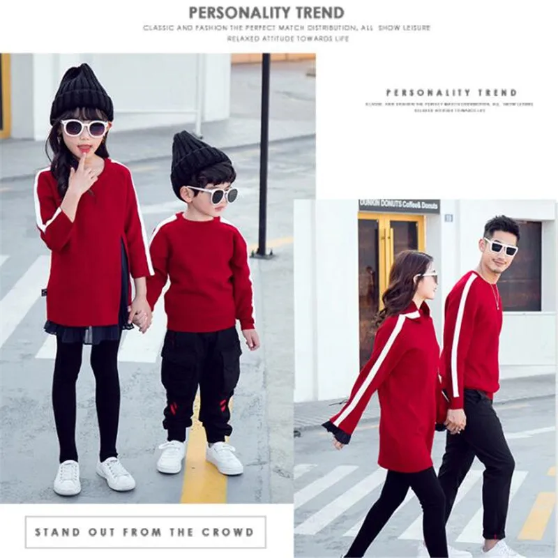 2019 Kid Parent-child Sweaters Man&Boy Family Matching Outfits Knitwear,Women&Girl Pleated Chiffon Stitching O Neck Knitted Tops