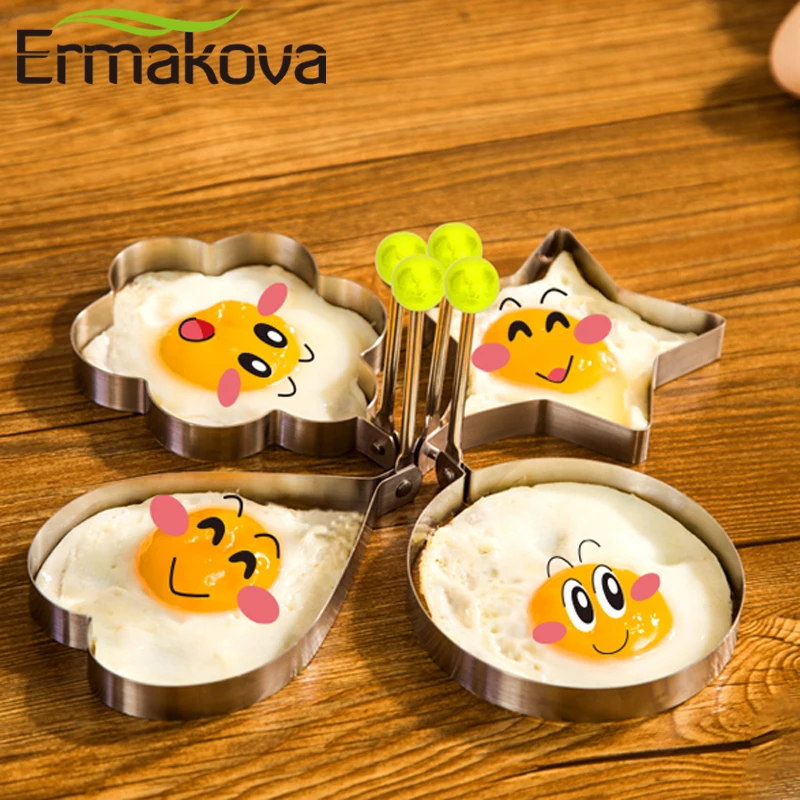 ERMAKOVA Egg Mould Stainless Steel Fried Egg Mold Ring Pancake Cooker Egg Separator Shaper Kitchen Tool Pancake Ring with Handle