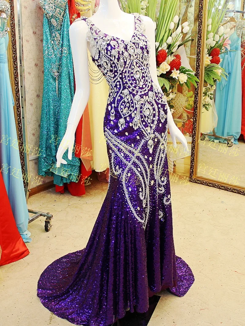 Custom Made Real Photos 2021 Purple Mermaid V-neck Sequins Beading Crystal Luxury Sexy Bride Evening Dresses Prom Party Gown JO3