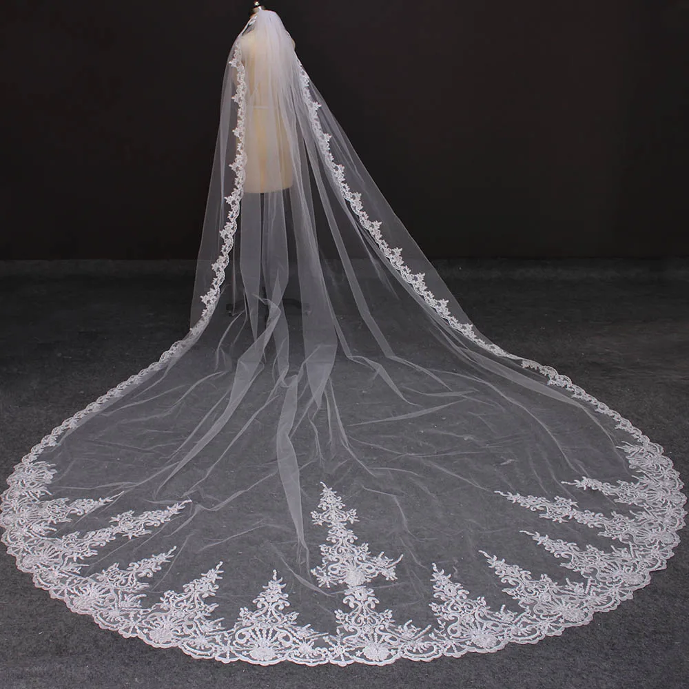 Real Photos 4 Meters Long Full Edge Lace Wedding Veil One Layer White Ivory Tulle Bridal Veil with Comb Veu de Noiva Longo