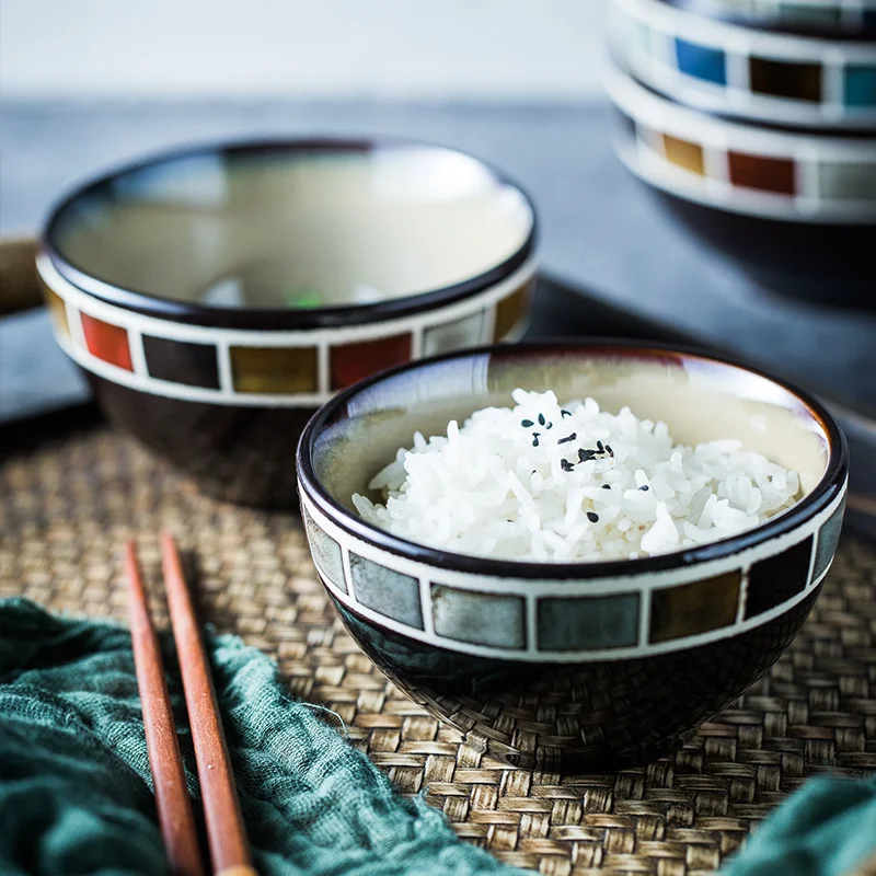 EECAMAIL Nordic Style Creative Retro Ceramic Tableware Rice Bowl Soup Bowl Porridge Bowl Underglaze Color Salad Bowl Dessert