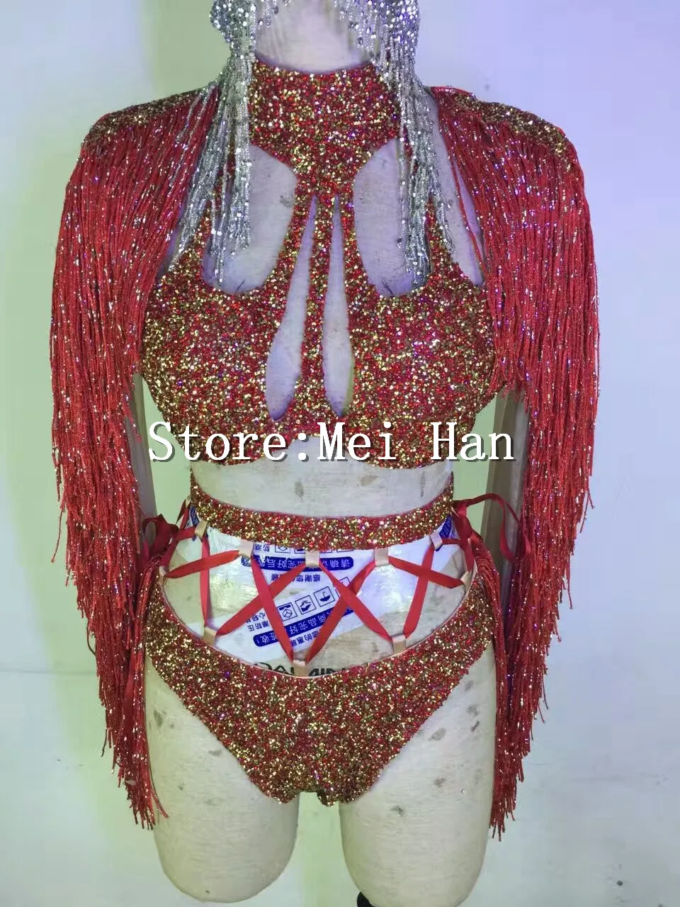 Purple Glisten Sequins Tassel Outfit  Bikini Bra Short For Female Singer Party Stage Bright Costume Dance Performance Set