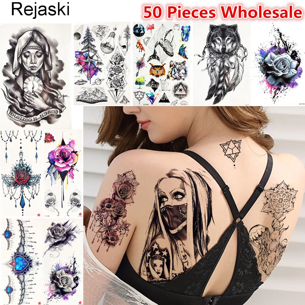 

Rejaski 50 Pieces Wholesale Temporary Tattoo Mix Style Flower Fox Tatoo Body Arm Art For Men Women Fake 3D DIY Tattoo Stickers