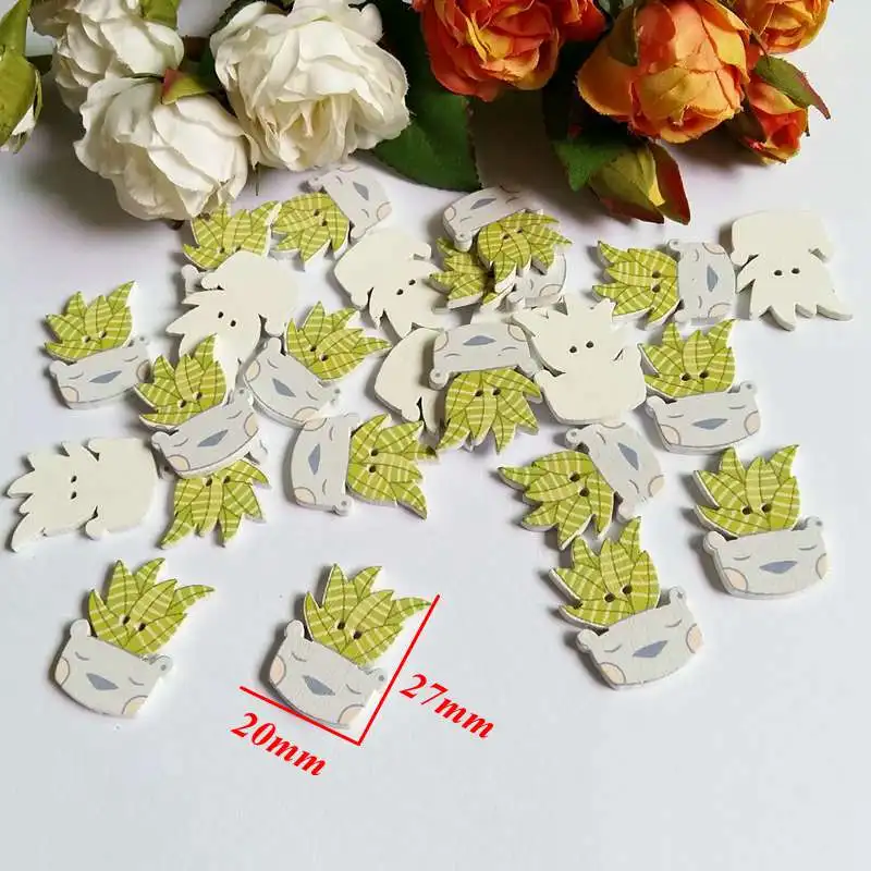 New 50PCs Mixed 5 Style 2-Hole Wooden Buttons Potted cactus Pattern Fit Sewing DIY Scrapbooking Accessories botones decorativos