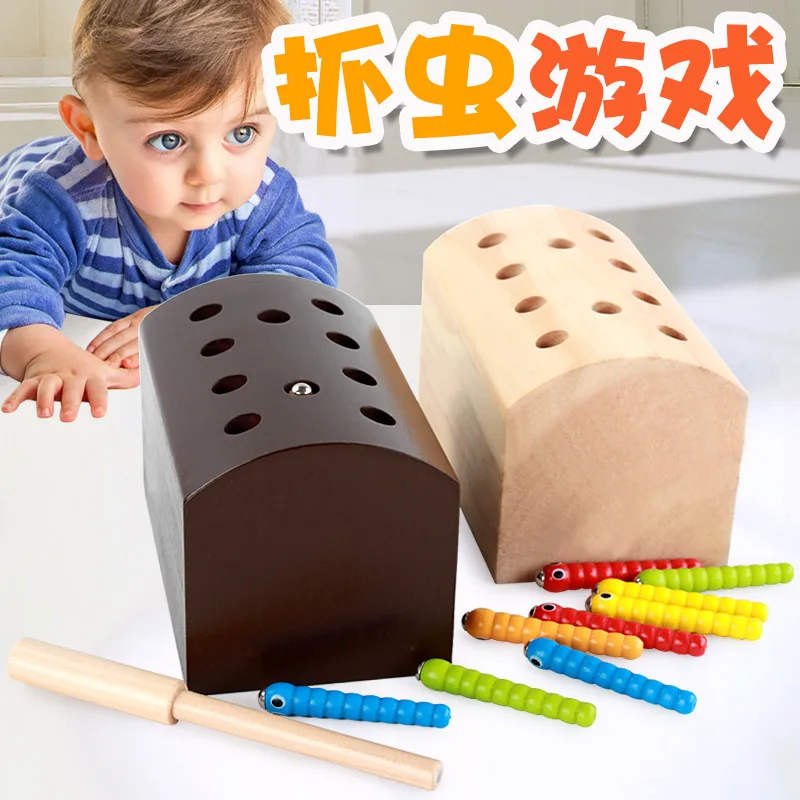 High quality Wooden Magnetic Catch Insects Worm Game Kids Children Montessori Educational Toys