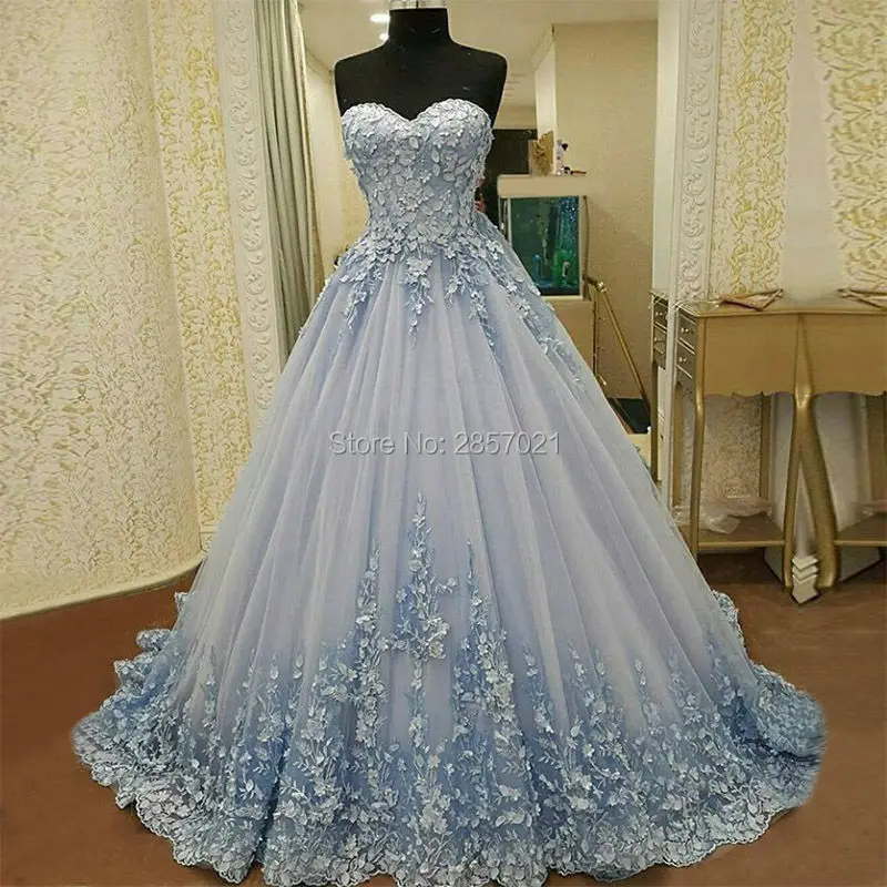 جديد Vestidos دي Novia ضوء الأزرق الزفاف فساتين رومانسية الدانتيل زين Trouwjurk زي العرائس رداء خطاباتخطابهزوجات العروس فستان الزفاف