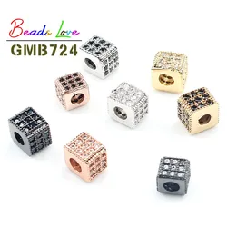 3pcs/lot 6*5mm Metal Micro Pave CZ Crystal Beads Square Shape Copper Spacer Beads for Jewelry Making DIY Charm Men Bracelets