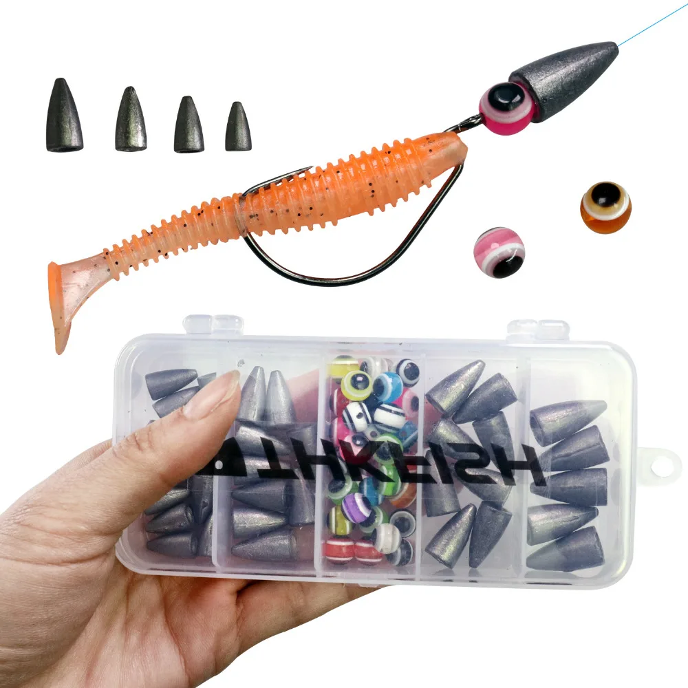 THKFISH 64pcs Texas Rig Lead Sinker 3.5g 5g 7g 10g Bullet Lead Sinkers Fish Eye Beads Fishing Weights Kit Freshwater Sea Fishing