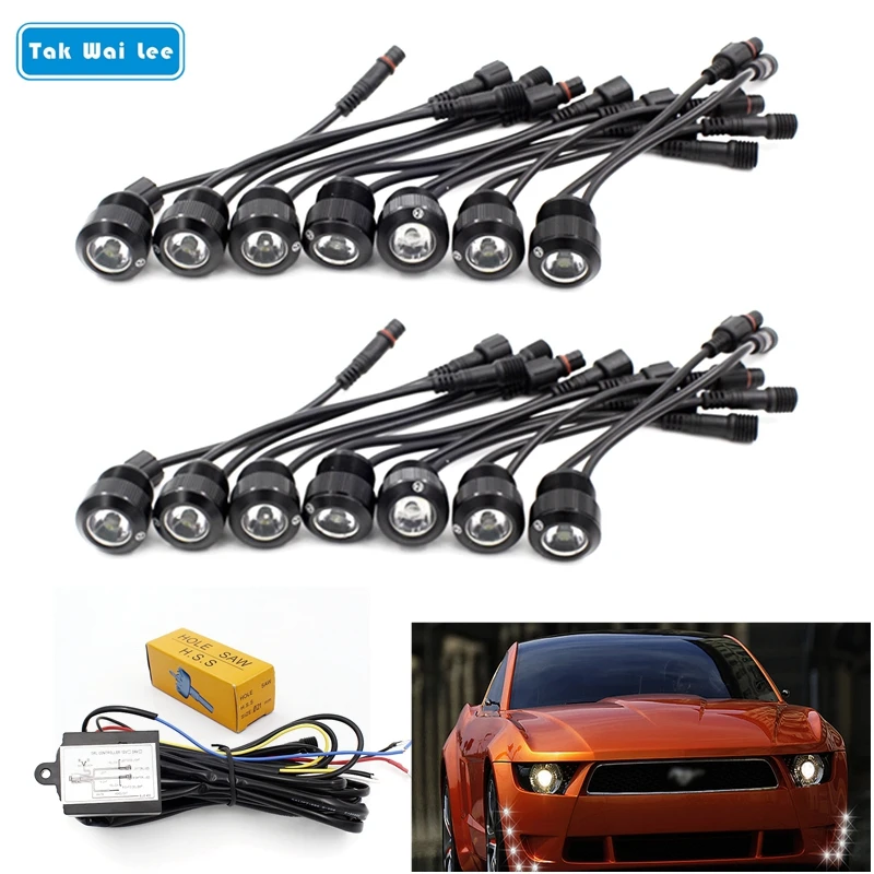 

Tak Wai Lee 14-20Pcs LED DRL Daytime Running Light Car Styling Eagle Eye Turn Fog Day Lamp Relay Harness On/Off With Controller