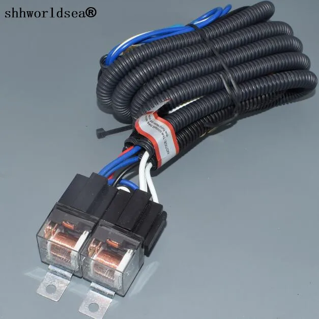 shhworldsea 12v 4 lights h4 100w Ceramic Fused PnP Heavy Duty Automotive Wiring Harness Headlight with 12v waterproof relay