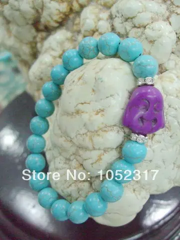 

5pcs 10mm stone howlite Bead inlay Purple Buddha Head Shining Rhinestone Bracelet Elasticity Adjustable Style