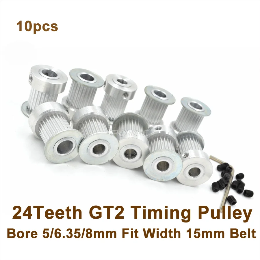 POWGE 10pcs 24 Teeth 2GT Timing Pulley Bore 5/6.35/8mm Fit Width 15mm GT2 Timing Belt 24T 24Teeth GT2 Pulley 3D Printer Parts