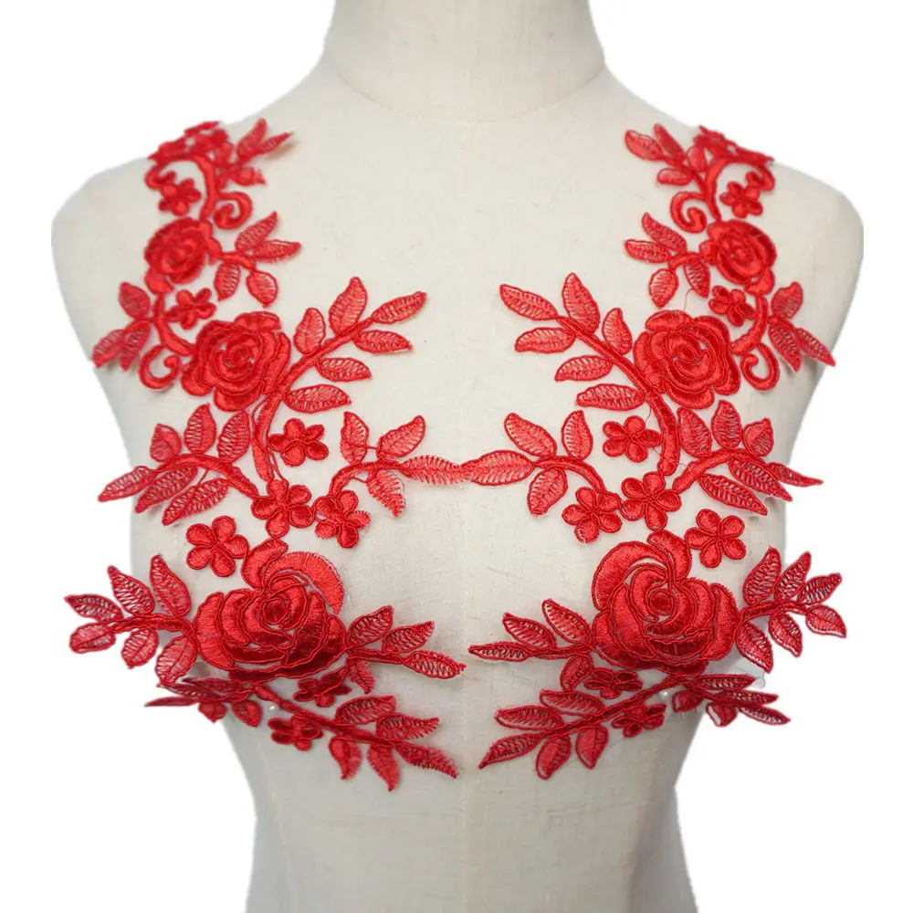 2PCS White Red Flowers Leaves Roses Mesh Fabric Wedding Appliques Sew Patches Lace Embroidery For Evening Dress DIY Decoration