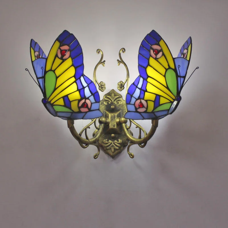 European pastoral coloured butterfly wall lamp living room corridor bedside lamp Mediterranean coloured glass wall lamp