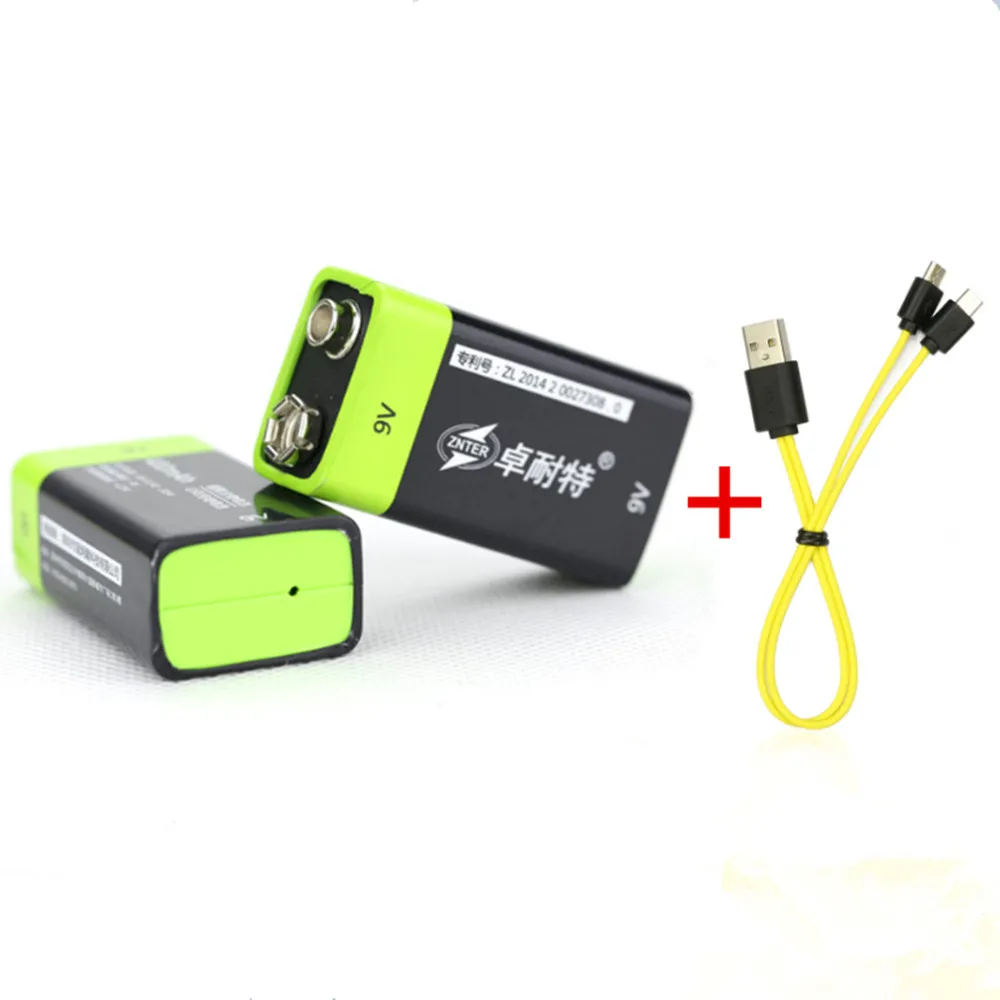 

2PCS ZNTER 9V 600mAh rechargeable lithium battery 6F22 USB lithium polymer rechargeable battery + Micro USB charging cable