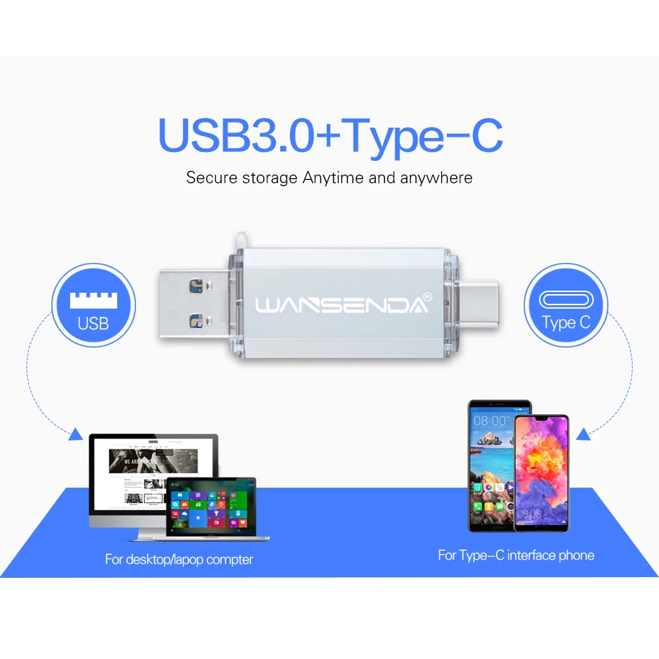 WANSENDA 32GB USB C Flash Drive 64/128/256/512GB Type-C Pendrive for Samsung Galaxy S10/S9/S8/S8 Plus/LG G6/Google Pixel XL