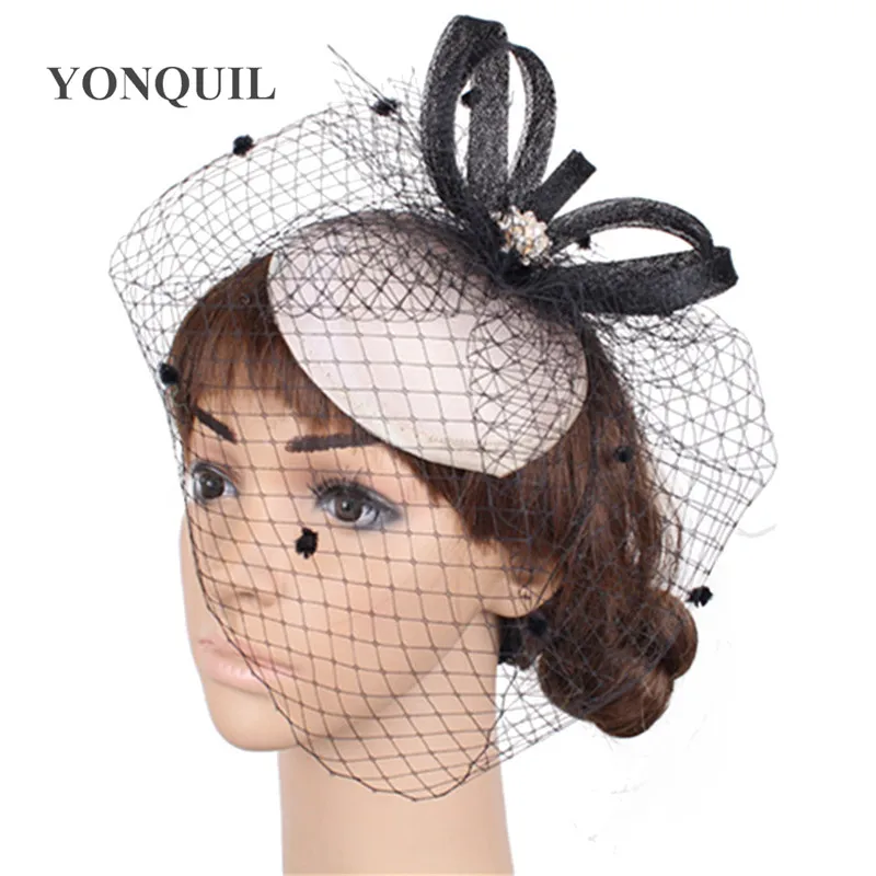 Elegant Sinamay Fascinator Satin Base with Sinamay Trim Birdcage Veils with Brooch Wedding Party Occassion Hats Bridal Headwear