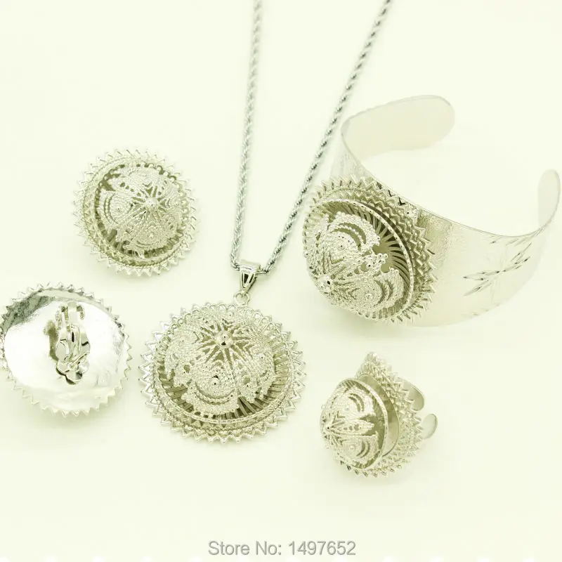 2017 Big Size Ethiopian jewelry sets Silver Plated Pendant/Necklace/Earrings/Ring/Bangle African/Ethiopian Women Bridal Wedding