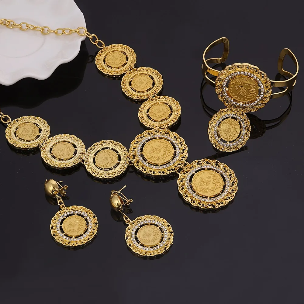 Necklace Earrings Ring Bangle Big Coin Jewelry Sets Gold Color Turkey Coins Arab Gifts Turks Africa Party