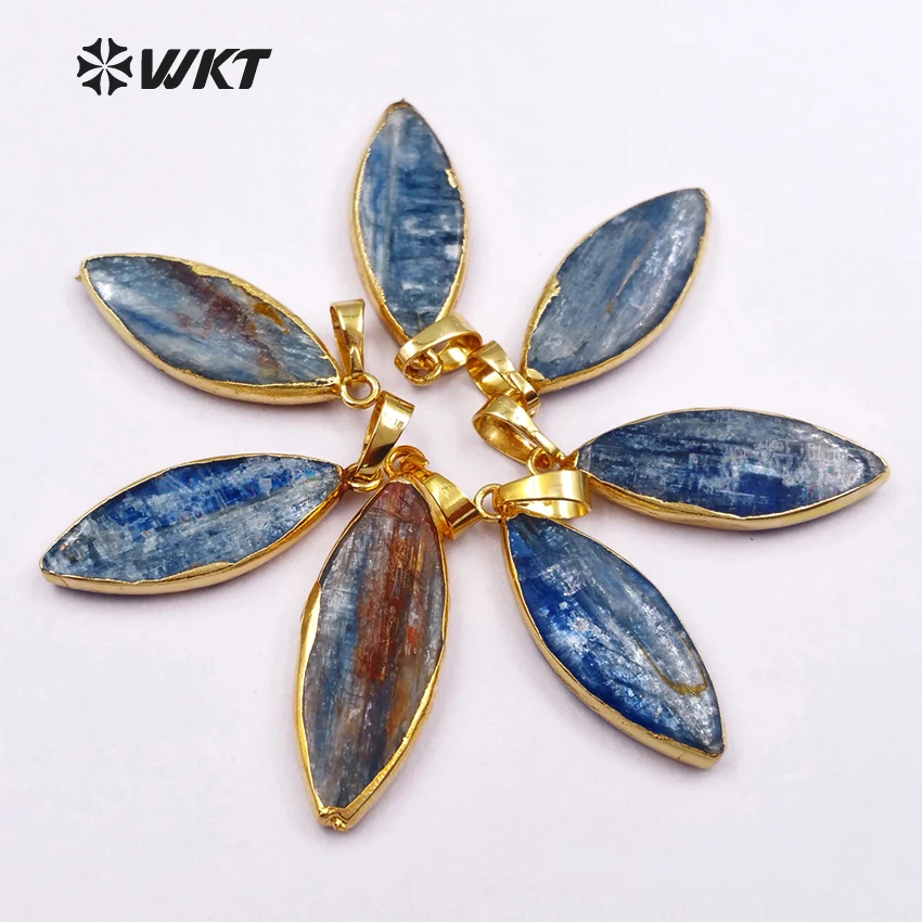 WT-P574  Natural 18K Real Gold Plated Resist Tarnishable Blue Kyanite Stone Horse Eye Shape Pendants