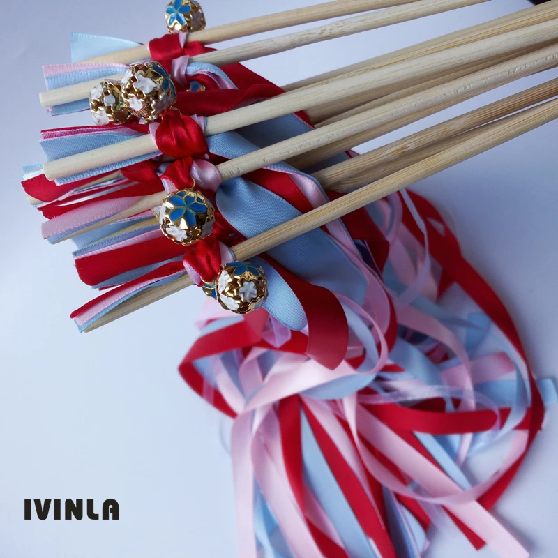 50pcs/lot  Red pink and light  blue wedding ribbon  wands stick  with colorful bell for wedding  party