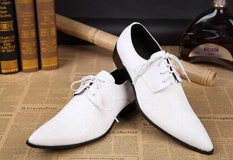 genuine leather mens business shoes for man black white lace up men dress shoes flats pointed toe office party wedding oxfords