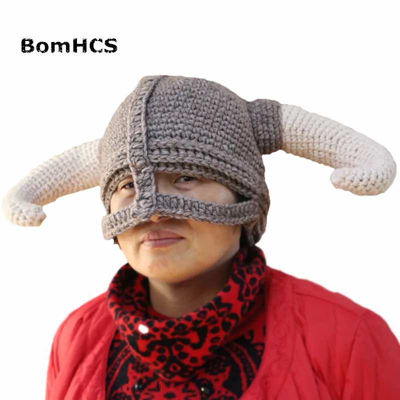 

BomHCS Cool Big Horns Helmet Beanies War God Hats Handmade Knitted Caps Men's Women Birthday Gifts Party
