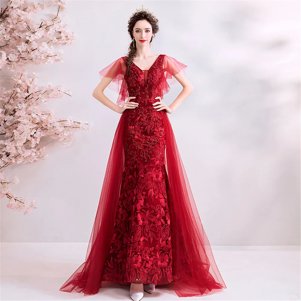 

Wine Red Detachable Skirt Tulle Lace Flowers Formal Luxury Evening Dresses Bride Banquet Party Prom Dress XH484