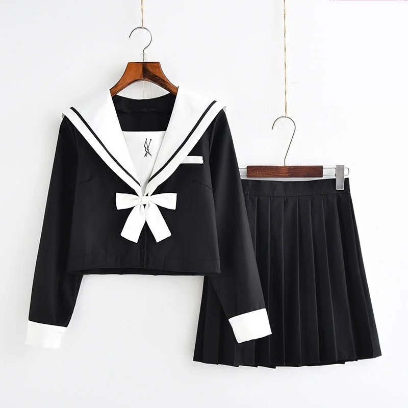 

Hot Sale Schoolgirl Navy Sailor School Uniform With White bow tie JK Japanese Sailor Uniforms Student Cosplay Costume Suit