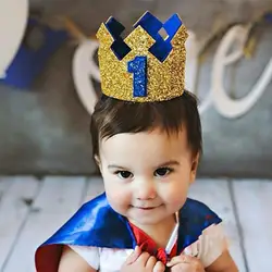 Boys Girls Blue Gold First Birthday Hat Glitter Girl Gold Pink Princess Crown Number 1st 2 3 Year Old Party Baby Shower Decor