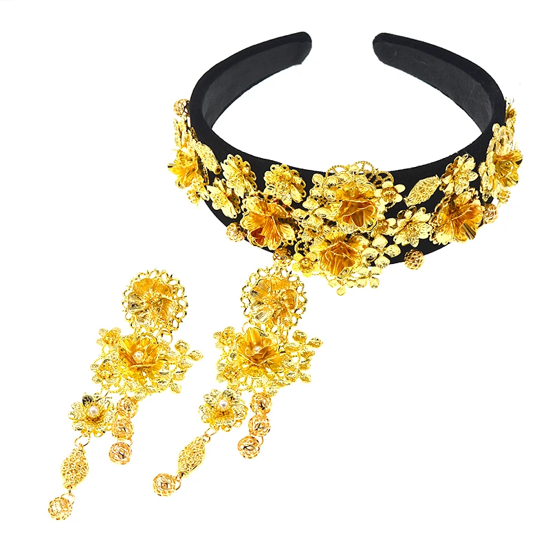 Fashion Golden Sunflower Leaf Crown Baroque Retro Hair Band Pearl Hair Jewelry Wedding Tiara Accessories Gift For Women Part