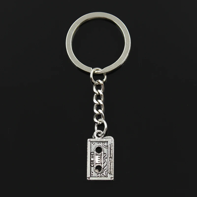 Fashion 30mm Key Ring Metal Key Chain Keychain Jewelry Antique Bronze Silver Color Retro 80's Cassette Tape 23x12mm Pendant