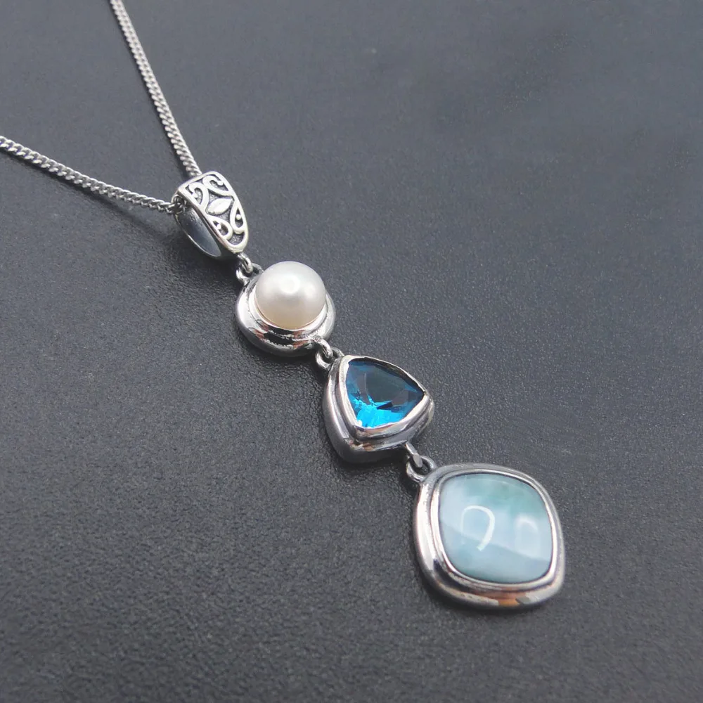 

Natural Larimar 925 Sterling Silver Antique Design Blue Topaz Genuine Stone Pearl Charm Pendant Necklace for Women Gift