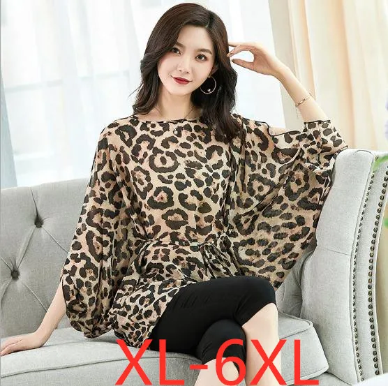 

New Summer Plus Size Bat Tops For Women Casual Loose Large Size Leopard Print Batwing Sleeve Chiffon Long Shirt 3XL 4XL 5XL 6XL