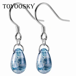 TOYOOSKY 925 Sterling Silver Dangle Earrings Jewelry Water Drop Shape Blue Opal Natural Stone Pendants Drop Earrings for Women