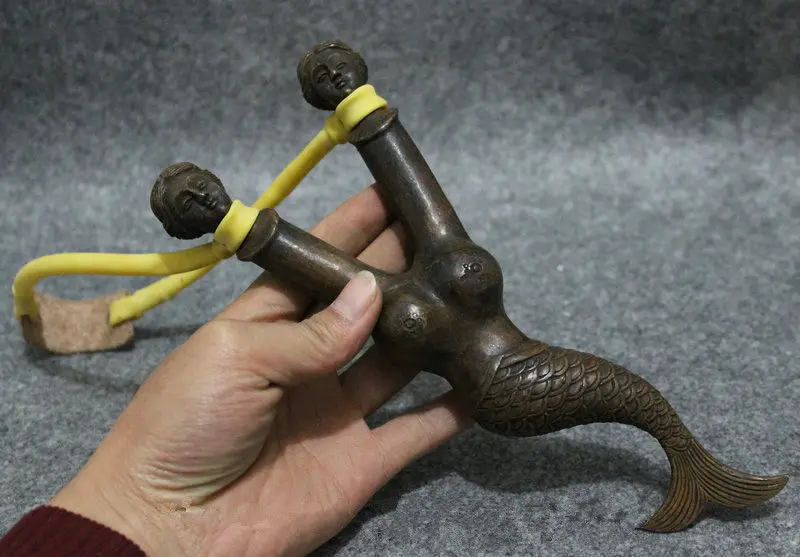 8.66 inch /Chinese bronze mermaid head handle ejection slingshot die springs