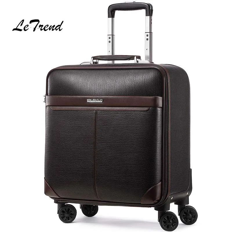 Letrend Business Man Rolling Luggage Spinner 16 inch Cabin Trolley PU Leather Trunk Women Suitcases Wheels Travel Bag