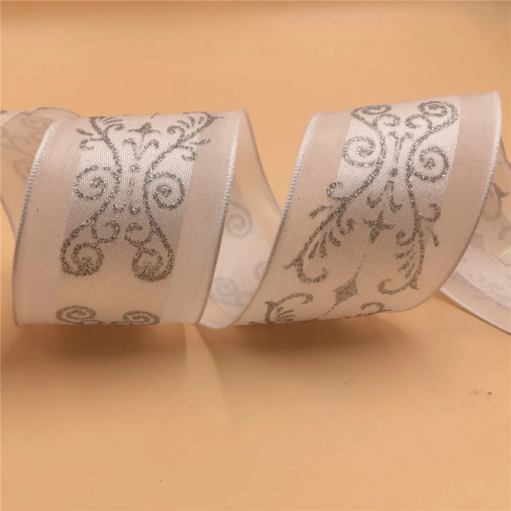 38mm X 25yards Wired Silver Foil Printing Organza Edges Satin Ribbon. Gift Bow,wedding,cake Wrap,tree Decoration,wreath N1023