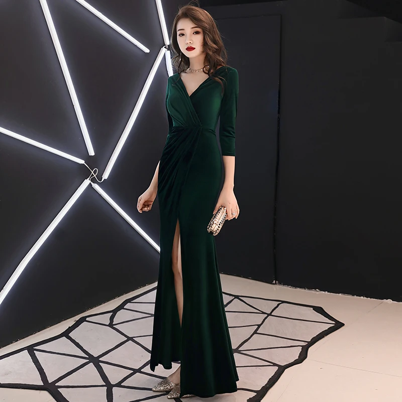 Robe de soirée longue en velours vert personnalisée, manches longues, robe de Rh, robe éducative, WY1319, 123