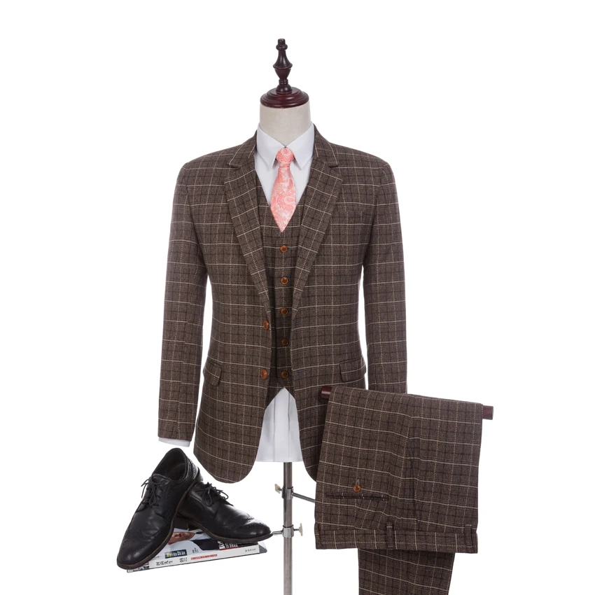 

2 Style Blazer for Groom Tuxedos Damier Check Groomsman Suit Custom Made Man Suit Brown checked jacket (Jacket+pants +vest)